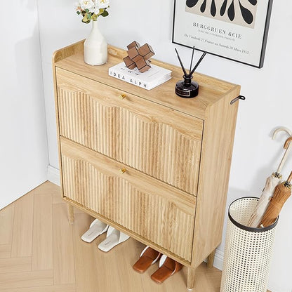 BERRYMERRY 31.5” Fluted Shoe Storage Cabinet Storage for Entryway, 2 Flip Drawers Narrow Shoe Organizer Cabinet with Wave Profile for Hallway,Living Room