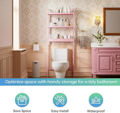 SMIBUY Bathroom Storage Shelf, Bamboo Over-The-Toilet Organizer Rack, Freestanding Toilet Space Saver with 3-Tier Adjustable Shelves (Pink)