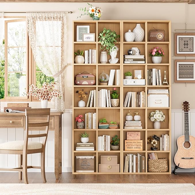 FOTOSOK 71'' Tall Bookshelf with 14 Cubes, 7 Tier Double Wide Wood Bookshelf with 6 Adjustable Shelves, 19.6" Narrow Bookcase DVD/CD Media Storage, Space Saving Display Shelf Cabinet, Natural