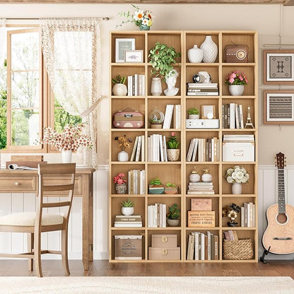FOTOSOK 71'' Tall Bookshelf with 14 Cubes, 7 Tier Double Wide Wood Bookshelf with 6 Adjustable Shelves, 19.6" Narrow Bookcase DVD/CD Media Storage, Space Saving Display Shelf Cabinet, Natural