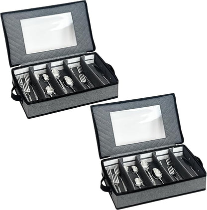 VERONLY 2 Pack Flatware Utensil Storage - Sturdy Silverware Storage Box with Dividers, 5 Compartment Flatware Storage Case with Handles and Removable Lid for Moving&Protected(Dark Gray)