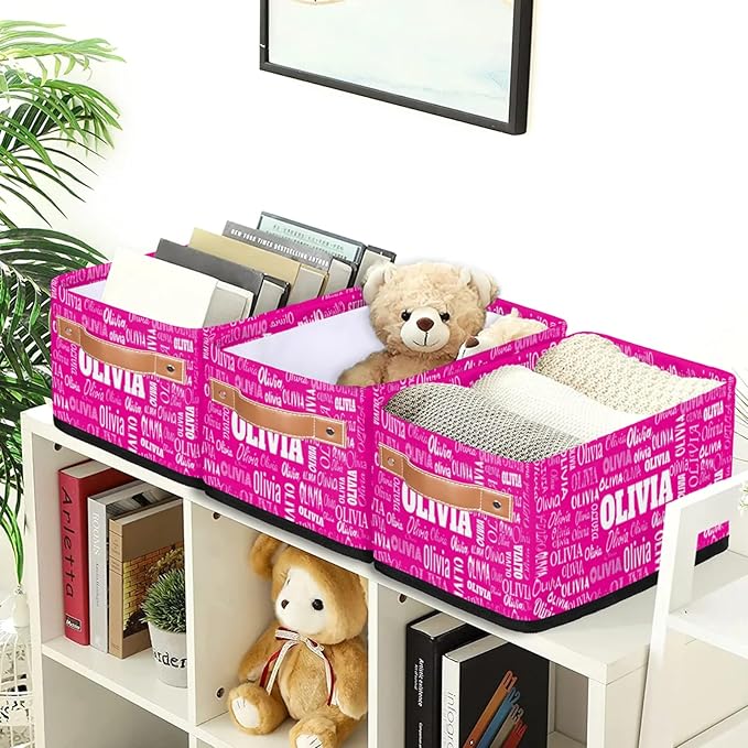 Personalized Name Small Storage Basket with Handles, Hot Pink Canvas Storage Bins Toys Organizer for Bedroom, Kitchen, Bathroom, Nursery, Shelves, Closets