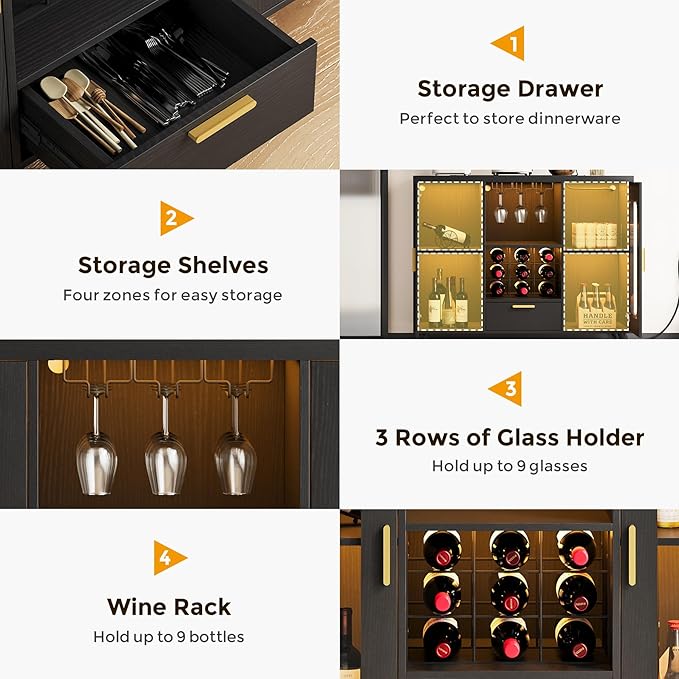 Bar Cabinet with Power Outlets, Modern Coffee Bar Sideboard with LED Light, Farmhouse Liquor Cabinet with Wine Rack, Glass Holder & Wine Storage, Black
