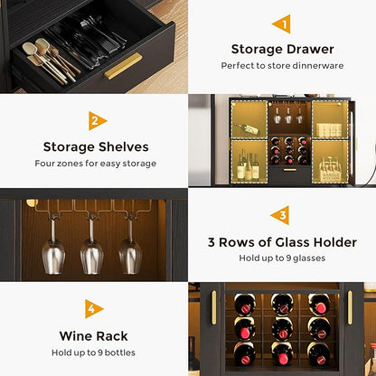 Bar Cabinet with Power Outlets, Modern Coffee Bar Sideboard with LED Light, Farmhouse Liquor Cabinet with Wine Rack, Glass Holder & Wine Storage, Black