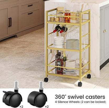 Bar Cart, Serving Cart for Home, Microwave Cart, Drink Cart, Mobile Kitchen Shelf with Wine Rack and Glass Holder, Rolling Beverage Cart for Dining Room, Gold