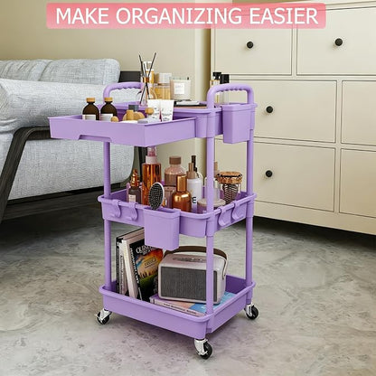 REBECAT 3 Tier Rolling Cart with Drawer, Utility Storage Cart on Wheels for Kitchen, Bathroom, Living Room,Office(Purple)