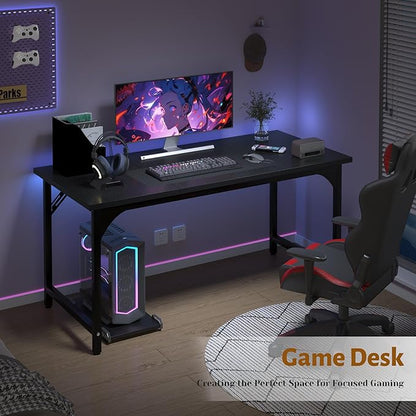 AZN Computer Desk, 55in Computer Desk, Gaming Office Desk w/Carbon Fiber Tabletop, Gaming Office Desk w/Sturdy Metal Frame, Home Office Desks w/Large Legroom for Game Work Study Writing, Black