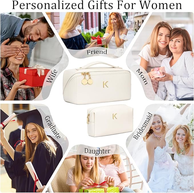 Valentines Day Gifts for Women Teen Girl, Personalized Initial Makeup Organizer Bag Set, Open Flat Travel Cosmetic Bag With Clear Divider and Handle(Large-Beige,K)