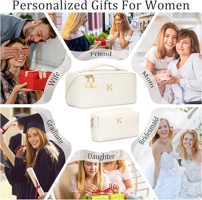 Valentines Day Gifts for Women Teen Girl, Personalized Initial Makeup Organizer Bag Set, Open Flat Travel Cosmetic Bag With Clear Divider and Handle(Large-Beige,K)