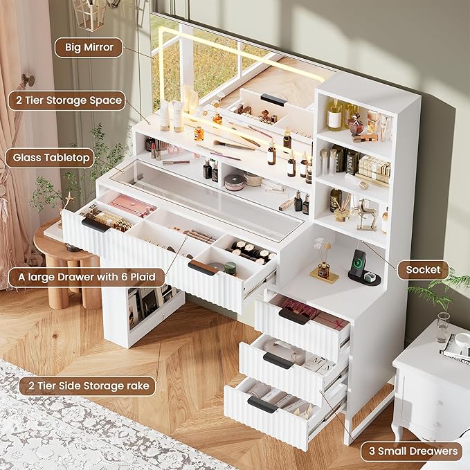 HAIOOU Makeup Vanity Desk with Mirror and Lights, 47.3''x 15.8''x 52'' White Fluted Vanity Desk with Charging Station, Glass Top Vanity Table with 4 Drawers & 3 Open Storage Shelves for Bedroom