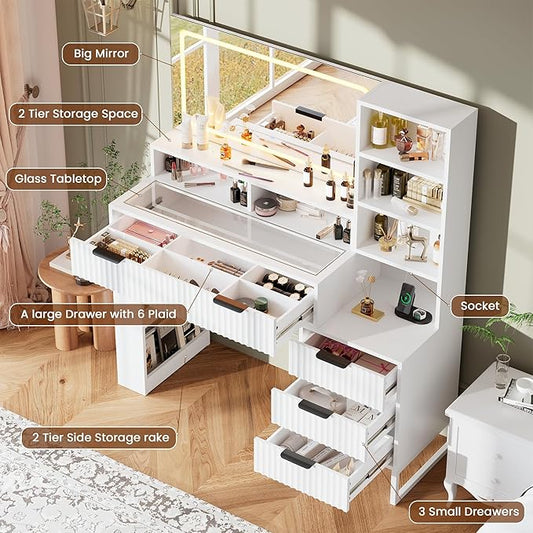 HAIOOU Makeup Vanity Desk with Mirror and Lights, 47.3''x 15.8''x 52'' White Fluted Vanity Desk with Charging Station, Glass Top Vanity Table with 4 Drawers & 3 Open Storage Shelves for Bedroom