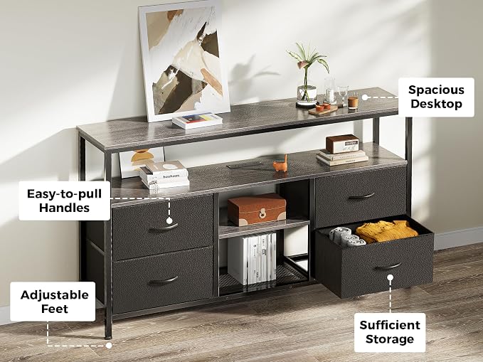 Huuger 47 Inch TV Stand Dresser with Power Outlets and LED Lights | Entertainment Center with 4 Drawers, PU Finish, Grey and Black, Dresser for 55 50 Inch TV, Open Shelf, Media Console