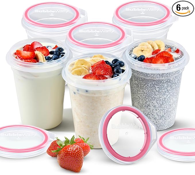 BubbleWally JoyPlus Overnight Oats Containers with Lids Plastic (Pink) - Meal Prep Containers Reusable for Food Storage – 16oz Jars for Breakfast, Snacks, and Lunch