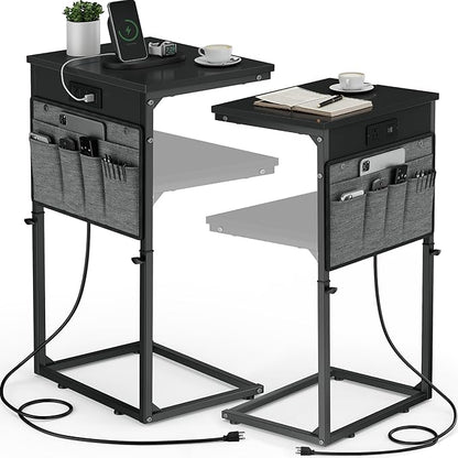 Vagusicc C-Shaped End Table Set of 2 with Charging Station, Small Side Table for Couch, Adjustable Height Couch Side Table, Slide Under Sofa Table TV Tray Tables for Living Room,Bedroom,Bedside, Black