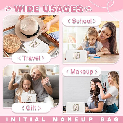 Small Initial Patch Makeup Bag Personalized Gifts Make Up Bag,White Cute PU Leather Glitter Letter Cosmetic Bag with Zipper,Trendy Portable Travel Toiletry Pouch,Preppy Stuff for Teen Girls Women N