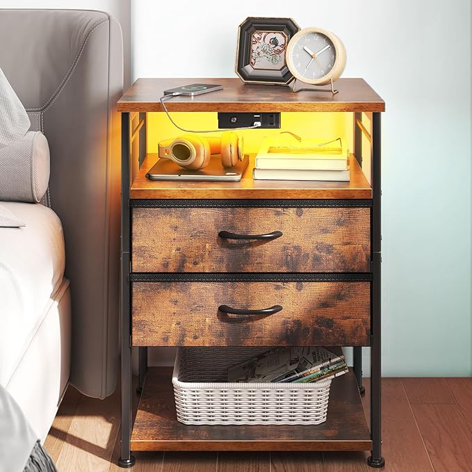 AODK Night Stand with Charging Station, End Table for Bedroom Tall Nightstand with Drawers, Small Nightstand for Bedroom, 4 Tier Storage Bedside Table, Vintage