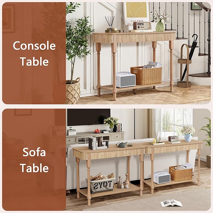 Fluted Console Table for Entryway, 43.3'' Narrow Entryway Tables with 2 Wooden Drawers, Retro Sofa Table Behind Couch Accent Tables for Foyer, Living Room, Hallway (Natural)