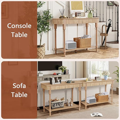 Fluted Console Table for Entryway, 43.3'' Narrow Entryway Tables with 2 Wooden Drawers, Retro Sofa Table Behind Couch Accent Tables for Foyer, Living Room, Hallway (Natural)
