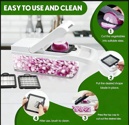 Vegetable Chopper, 10 Blades Slicer Onion Dicer, Multi 23-in-1 Veggie Mandoline Food Cutter for Tomato Fruit, Vegetable cutter with Hand Protector, Egg Separator & Slicer, Container（White）