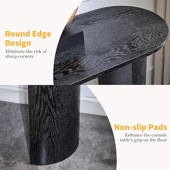 55" Console Table for Entryway, Narrow Sofa Entrance Table with Faux Mars Marble Pattern, Modern Sofa Tables with Rounded Curved Edges for Living Room, Hallway, Foyer, Home Office, Black
