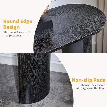 55" Console Table for Entryway, Narrow Sofa Entrance Table with Faux Mars Marble Pattern, Modern Sofa Tables with Rounded Curved Edges for Living Room, Hallway, Foyer, Home Office, Black