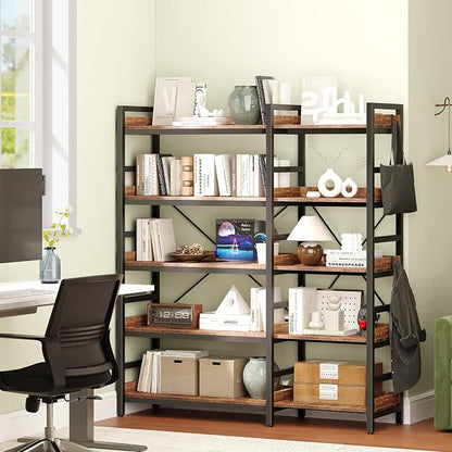 HCHQHS Adjustable Book Shelf with 8 Hooks, Reversible Corner Bookshelf, Industrial Wooden and Metal Bookcase for Living Room, Bedroom, Home Office (Rustic Brown, 5 Tier)