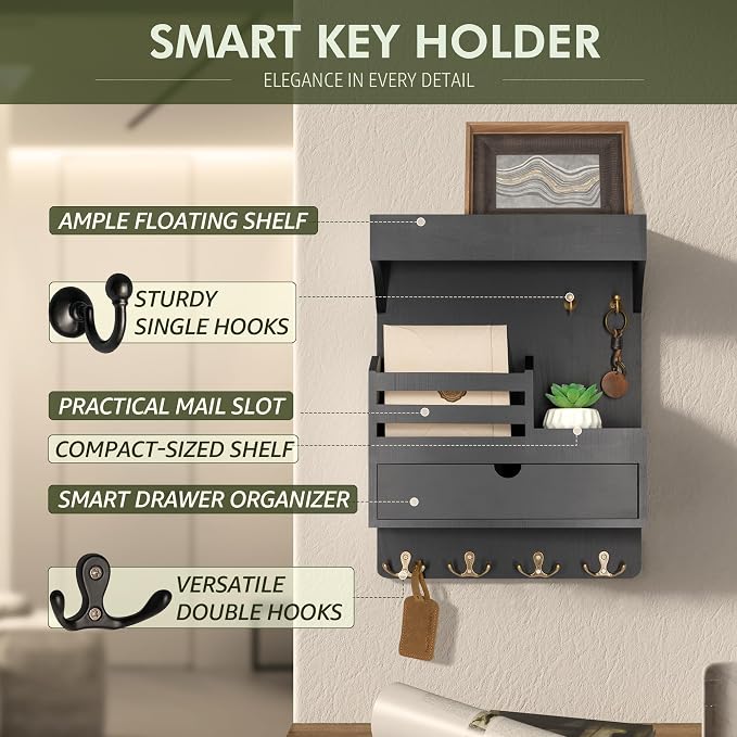Rebee Vision Modern Key Holder Wall Mount with Drawer Organizer - Pine Wood Mail and Key Organizer with 6 Keys Hooks and Floating Wall Shelf - Stylish Home Decor for Apartment (Black)