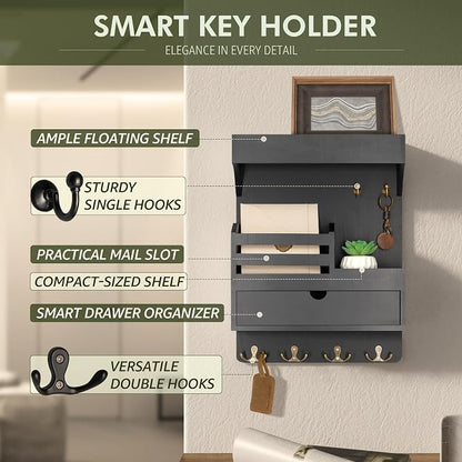 Rebee Vision Modern Key Holder Wall Mount with Drawer Organizer - Pine Wood Mail and Key Organizer with 6 Keys Hooks and Floating Wall Shelf - Stylish Home Decor for Apartment (Black)