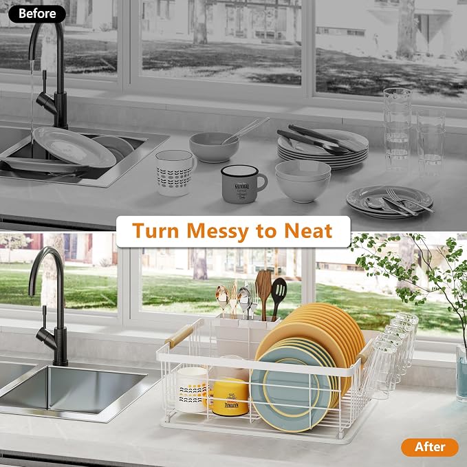 Dish Drying Rack White with Diatomaceous Earth 1 Tier,Multifunctional Dish Racks for Kitchen Counter Quick-Drying,Large Capacity Space Saving with Cutlery Cups Holder