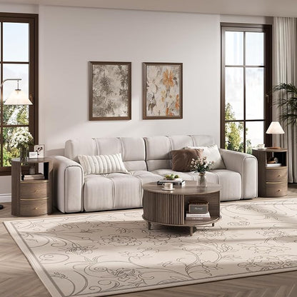 JOINICE Round Coffee Table and End Table Set,31.5" Mid Century Modern Living Room Furniture, Walnut Fluted Center Table with Storage & Matching Side Table for Small Space