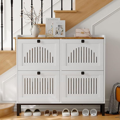 Garvee 4 Flip Drawer Shoe Cabinet with Adjustable Shelves, Hidden Shoe Organizer with Large Capacity, Freestanding Wooden Shoe Rack for Entryway, Hallway, Living Room, White