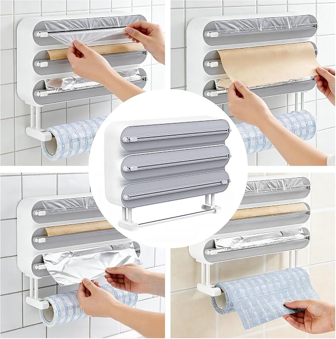 Kitchen Wrap Organizer Wall Mount — Plastic Wrap, Aluminum Foil, Parchment Paper & Paper Towel Holder, 4-in-1 Magnetic Cabinet Organizer, Space Saving ABS Kitchen Storage