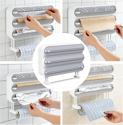 Kitchen Wrap Organizer Wall Mount — Plastic Wrap, Aluminum Foil, Parchment Paper & Paper Towel Holder, 4-in-1 Magnetic Cabinet Organizer, Space Saving ABS Kitchen Storage