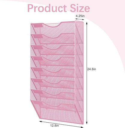 EasyPAG 8 Pocket Mesh Wall File Organizer, Hanging Paper Folder Holder with Classify Label, Vertical Wall Mount Mail Organizer for Office Home Classroom, Pink