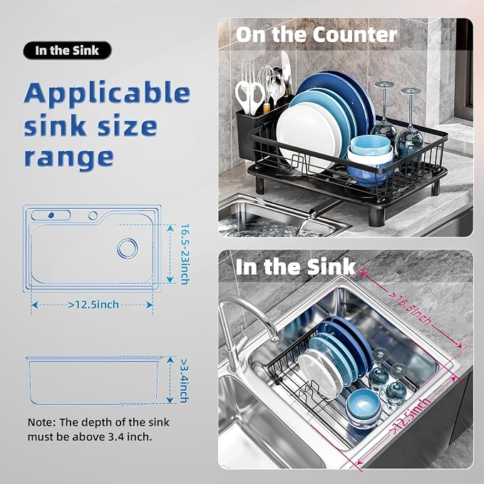 GAOKASE Dish Drying Rack, Stainless Steel-Dish Rack, Dish Racks for Kitchen Counter, Kitchen Dish Drainers with Removable Utensil Holder,New Drain Outlet,Plate Rack and Drainboard,Black