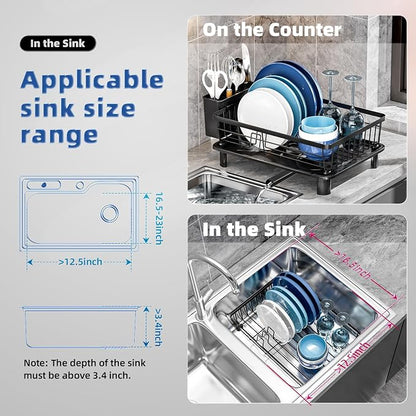 GAOKASE Dish Drying Rack, Stainless Steel-Dish Rack, Dish Racks for Kitchen Counter, Kitchen Dish Drainers with Removable Utensil Holder,New Drain Outlet,Plate Rack and Drainboard,Black