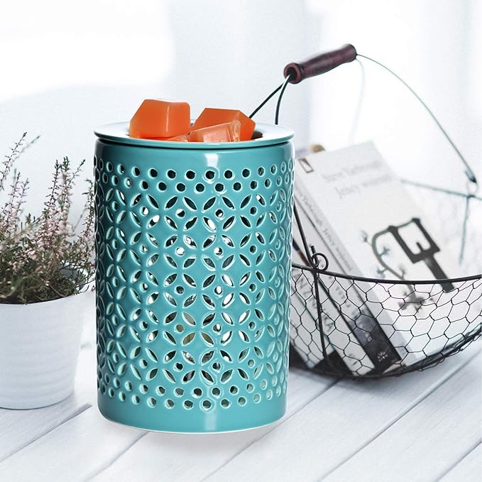 ASAWASA Ceramic Wax Melt Warmer with Timer and 1 pc Silicone Dish,Candle Wax Warmer for Scented Wax & Essential Oils,Ideal Gift for Home Office Kitchen Long Cyan
