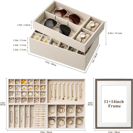 Velvet Jewelry Drawer Organizer Trays – Large Beige Stackable Jewelry Storage Inserts Set, 4-Layer Jewelry Tray Set for Earrings, Rings, Necklaces, Bracelets with Removable Dividers for Dresser,Vanity