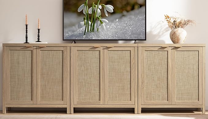 SICOTAS Rattan Cabinet Sideboard Buffet Storage Cabinet - 3 Pieces Farmhouse Boho Credenza Coffee Bar Cabinet with Rattan Decorated Doors for Kitchen Living Room - Light Oak