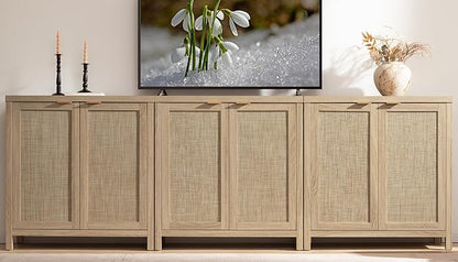 SICOTAS Rattan Cabinet Sideboard Buffet Storage Cabinet - 3 Pieces Farmhouse Boho Credenza Coffee Bar Cabinet with Rattan Decorated Doors for Kitchen Living Room - Light Oak