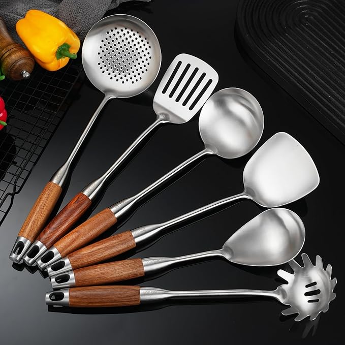 18/10 Stainless Steel Cooking Utensils with Wooden Handle, 6 PCS Stainless Steel Kitchen Utensils 12.5"-14", Wok Spatula, Ladle, Skimmer, Slotted Spatula Turner, Spaghetti Spoon, Large Spoon