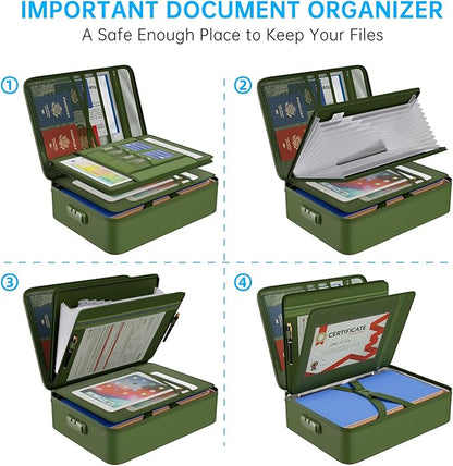 ENGPOW 5200 Fireproof File Organizer Bag with 13 Pocket Accordion File Folder, Document Organizer Box with Lock & Labels, Multi-Layer Portable Home Travel Safe Storage for Important Documents, Green