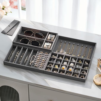 Velvet Jewelry Drawer Organizer Trays – Large Grey Stackable Jewelry Storage Inserts Set, 4-Layer Jewelry Tray Set for Earrings, Rings, Necklaces, Bracelets with Removable Dividers for Dresser, Vanity