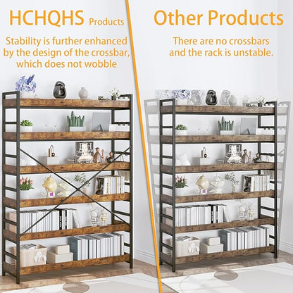 HCHQHS 6 Tier Bookshelf, Adjustable Industrial Bookcase, Vertical Tall Book Shelf, Wood and Black Metal Open Bookshelves for Home Office, Living Room, Bedroom