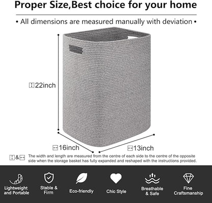 OIAHOMY Laundry Hamper, Laundry Basket，Rectangle Cotton Storage Basket with Handles, Large Blanket Basket for Living room, Woven Decorative Storage for Toys,Clothes,Pillows-16x13x22in-Grey variegated