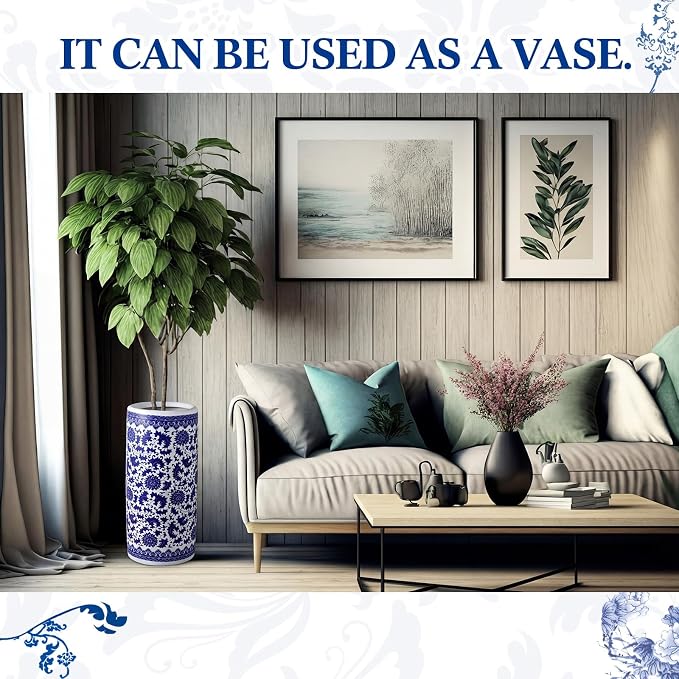 Sawysine Blue and White Ceramic Umbrella Stand, Floral Design Floor Vase for Entryway Indoor Decorative, 19.7" Heavy Porcelain Holder for Umbrellas Canes Home Decor(19.7 Inch,Lotus in Vine)