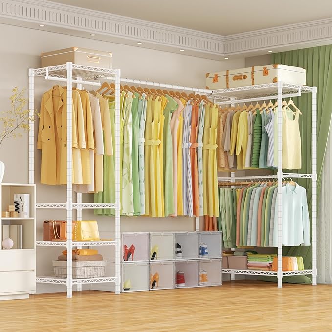 E10L L-Shaped Clothes Rack for Corner（With Expandable Hanger Rod）Heavy Duty Freestanding Clothing Racks for Hanging Clothes，Portable Garment Rack 58-82"W x 30"D x 72"H，Max Load 900LBS, White