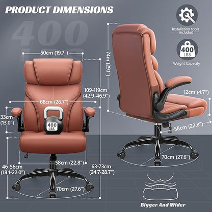 Office Chair, Ergonomic Big and Tall Computer Desk Chairs, Executive Breathable Leather Chair with Adjustable High Back Flip-up Armrests, Lumbar Support Swivel PC Chair with Rocking Function