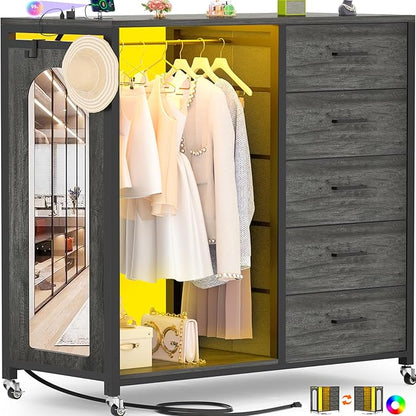 Cyclysio Dresser for Bedroom with Clothes Rack & Mirror, Grey 5 Drawers Dresser with Charging Station & LED Lights, Rolling Chest of Drawers with Wheels, Full Length Mirror, Wooden Top,Bedroom, Closet