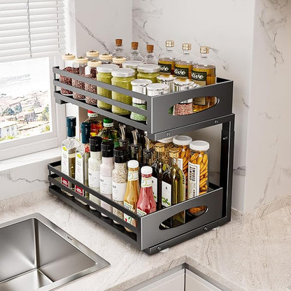 Under Sink Organizer, 2 Tier Under Sink Organizers and Storage, Adjustable Height, Slide out Metal Cabinet Organizers, Pull out Cabinet Storage Drawer Shelf for Kitchen Bathroom Black 1Pack